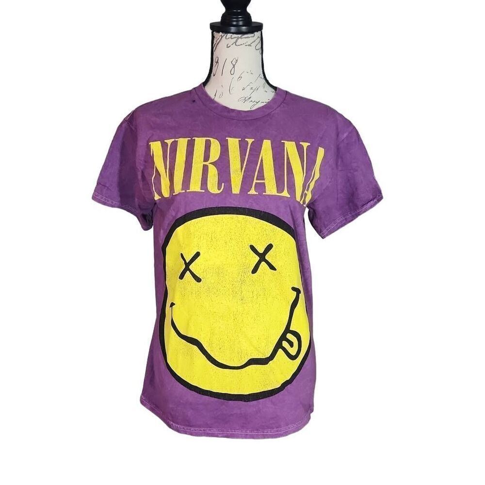 Nirvana Unisex Size Medium Purple Yellow Black Smiley Face Short Sleeve Shirt